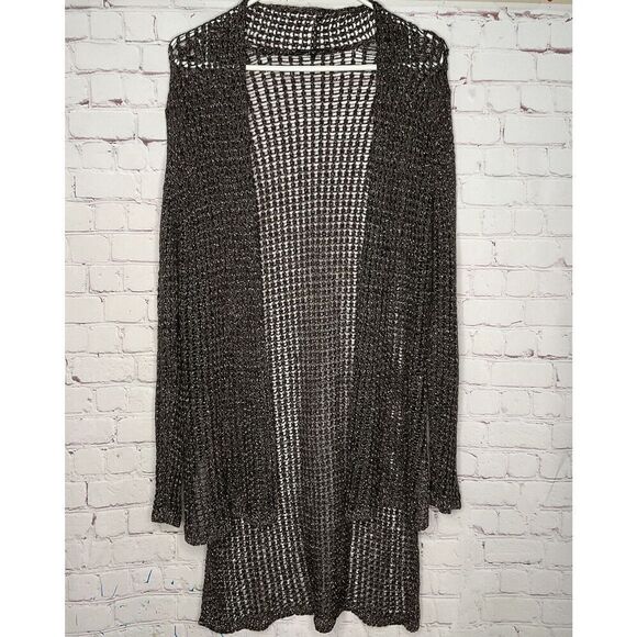 Eileen Fisher Cardigan Women Medium Cotton Linen Brown Metallic Open Knit Hi/Low - Picture 3 of 10
